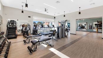 a gym with a lot of exercise equipment and a large window at Melody on Main, Arizona, 85210