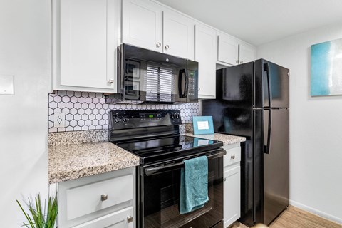 A black refrigerator stands next to a black stove in a kitchen.