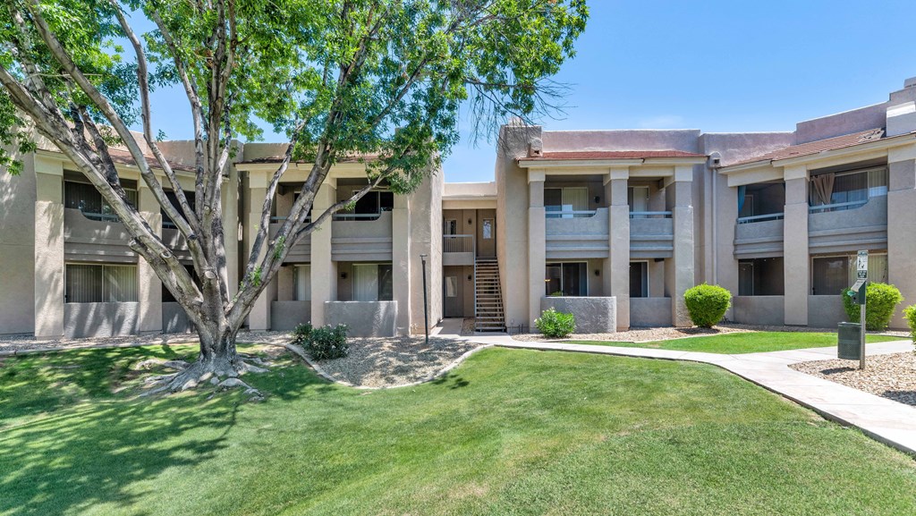 A tree is in front of a building with a lawn in the foreground.
