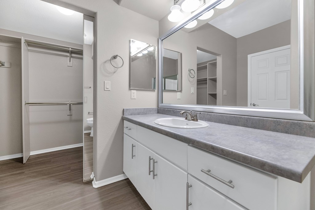 A bathroom with a sink, mirror, and a shower.