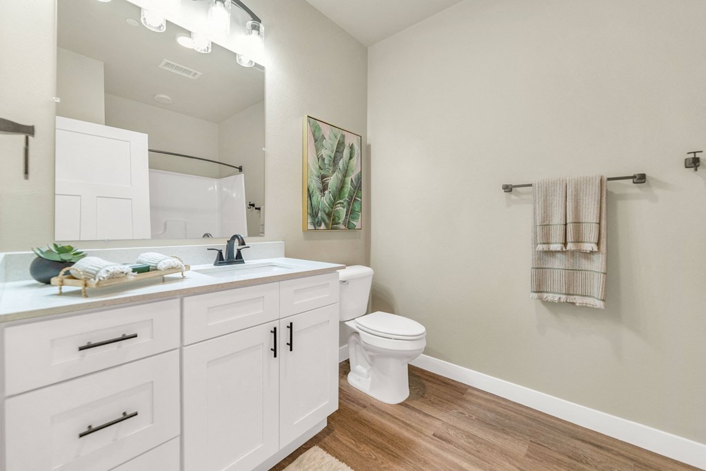 a bathroom with white cabinets and a toilet and a sink