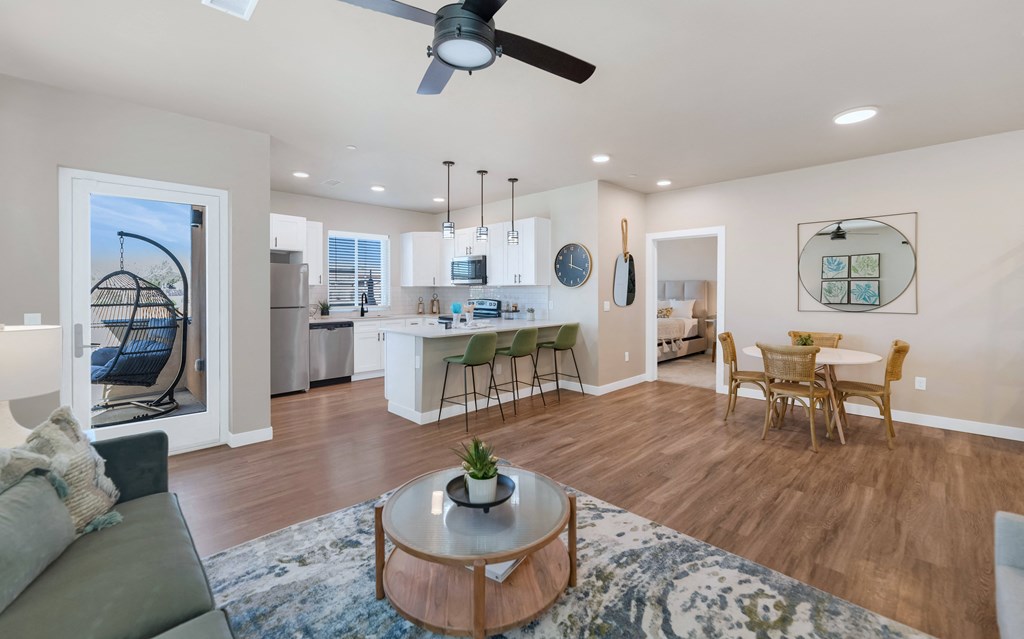 a living room with a couch and a table