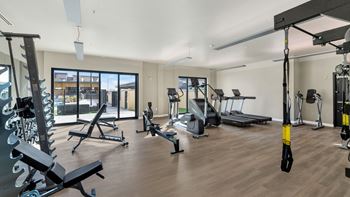 Fitness center with cardio equipment at Solace at Ballpark Village, Goodyear, Arizona