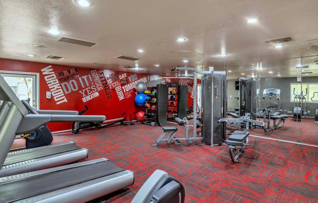 a gym with cardio machines and weights on a red wall