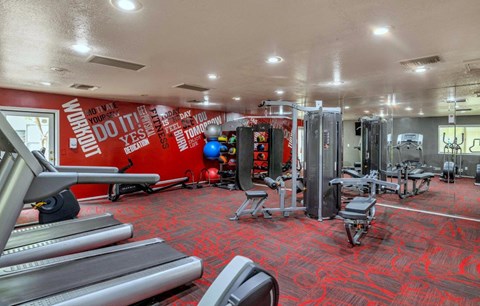 a gym with cardio machines and weights on a red wall