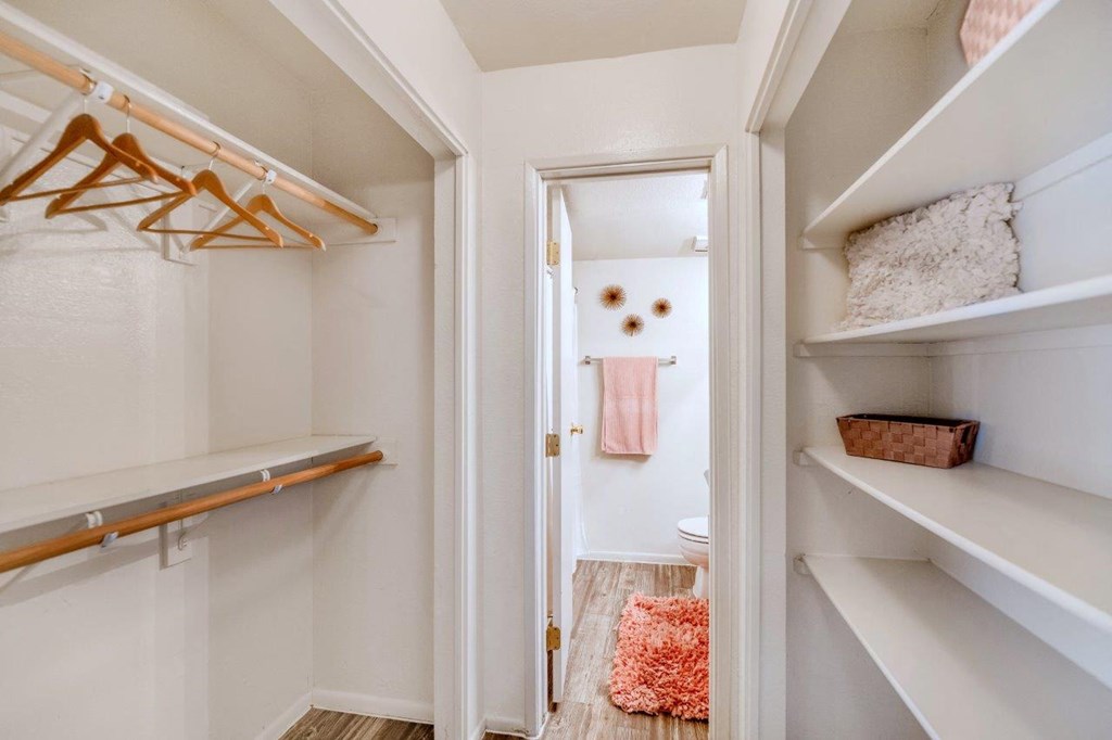 a walk in closet with shelves and a toilet