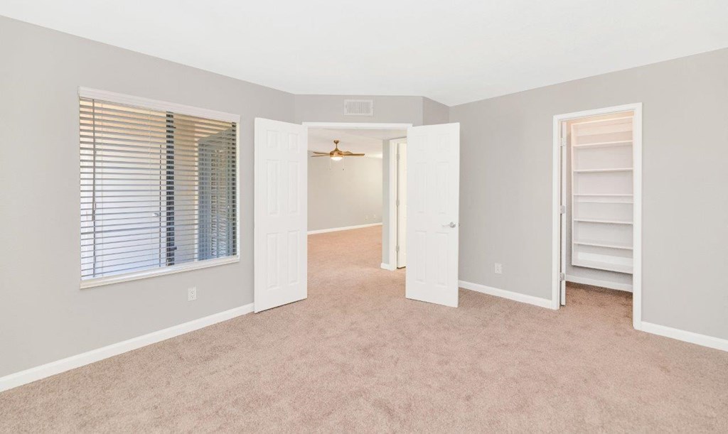 a bedroom with a closet and a window