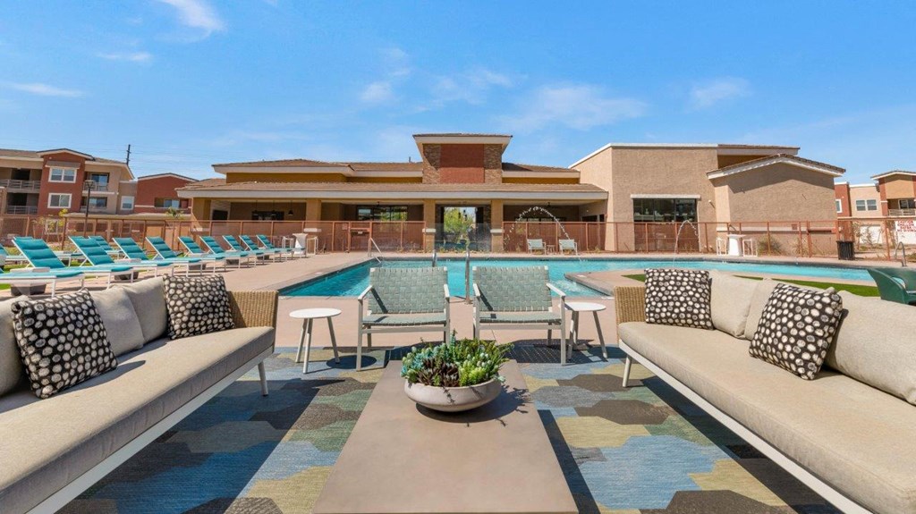Poolside Sundeck With Relaxing Chairs at Zaterra Luxury Apartments, Arizona