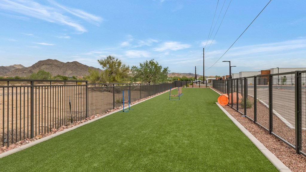 A fenced in yard with a green lawn and a baseball tee at Marketside Villas at Verrado, Buckeye, AZ