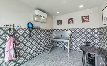 A room with a patterned wallpaper and a table with chairs.