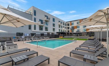 a swimming pool with chaise lounge chairs and umbrellas in front of a white building at The Common Apartments, Arizona