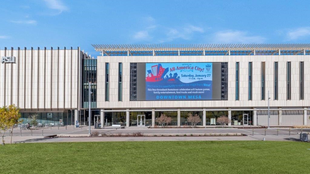 a large building with a sign on the front of it