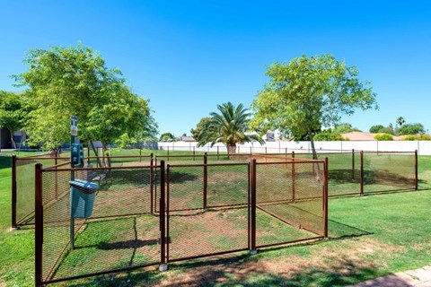 A fenced area with a trash can and trees in the background at Reflections at Red Mountain Apartments, Arizona, 85213