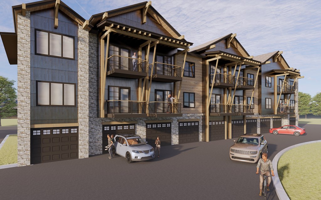 a rendering of a large apartment building with cars parked in front