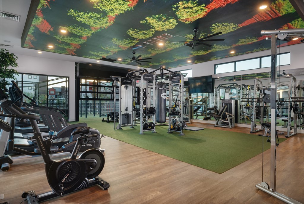 a gym with weights and cardio machines and a mural on the ceilingat Weylyn Luxury Apartments, Laveen, AZ 85339