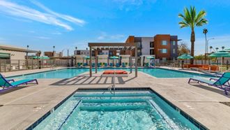 our apartments showcase an unique swimming pool at Melody on Main, Mesa, Arizona
