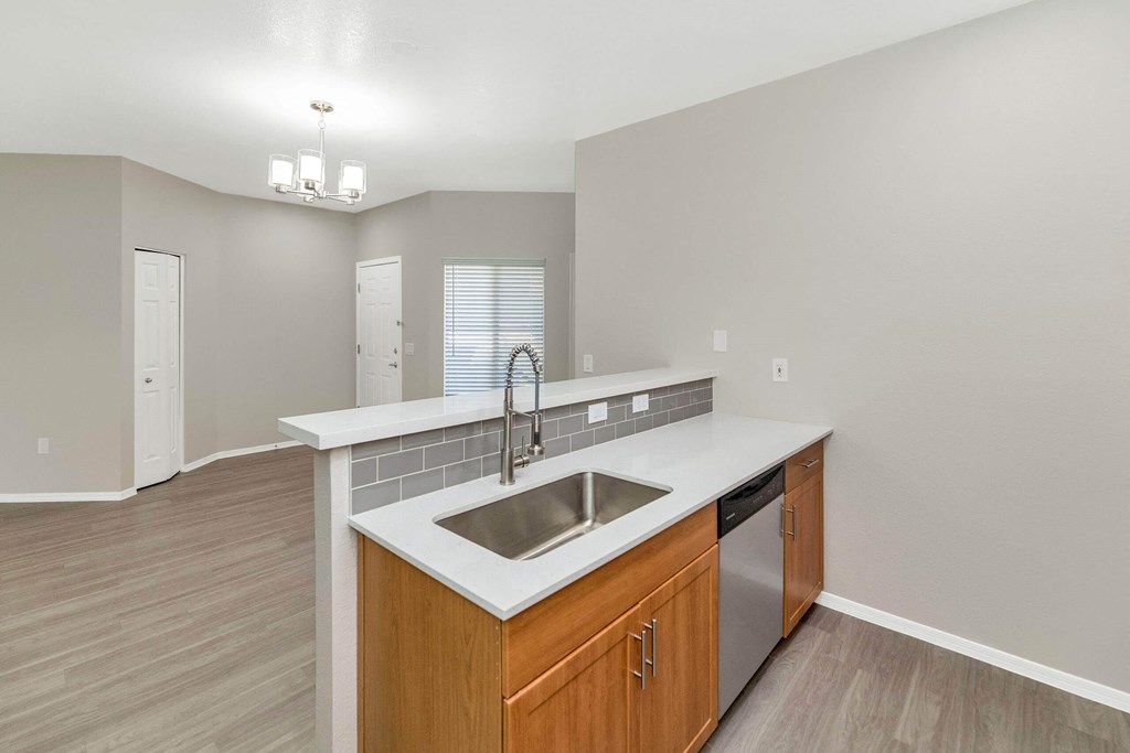 a kitchen with a stainless steel sink and a counter top