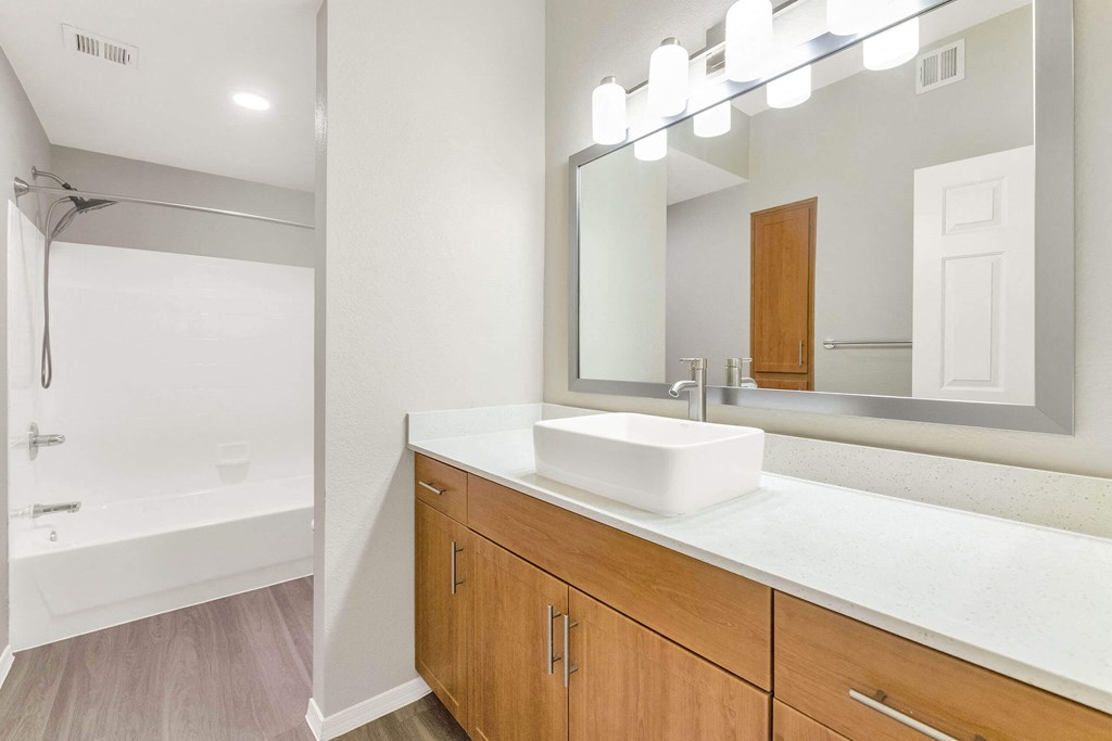 a bathroom with a sink and a mirror