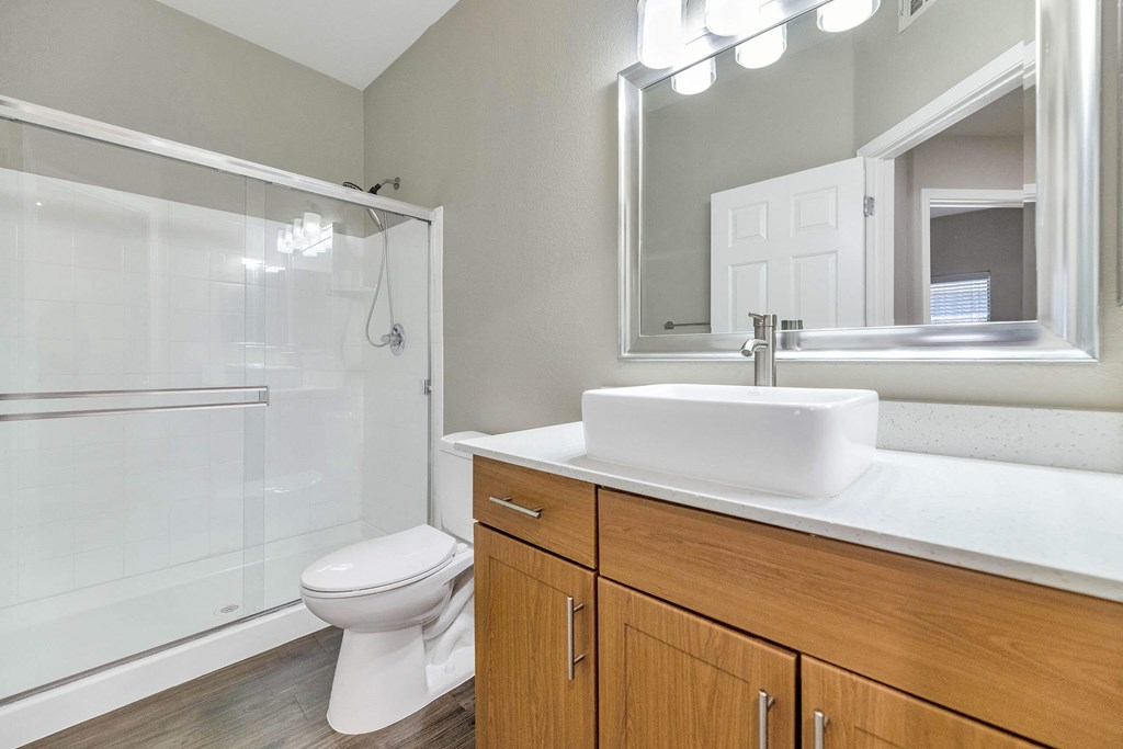 a bathroom with a sink toilet and a shower