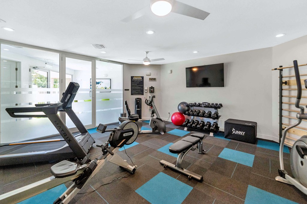 a gym with exercise equipment and a television