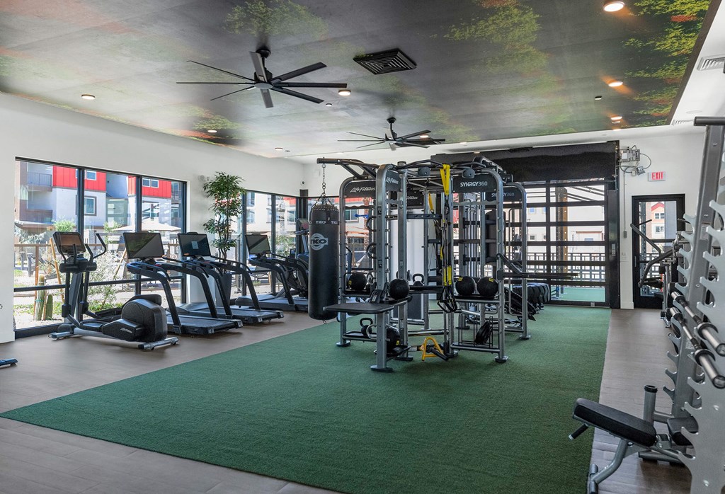 the gym at the flats at big tex apartmentsat Weylyn Luxury Apartments, Laveen