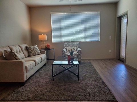 A living room with a couch, a coffee table, and a lamp.