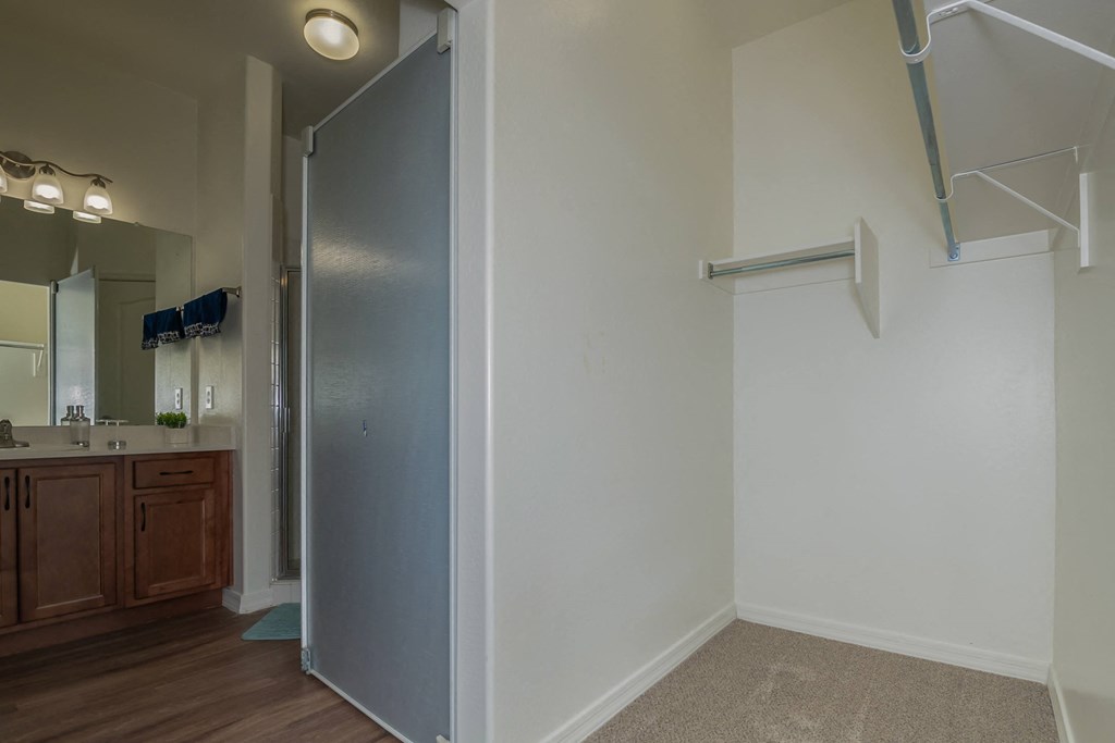 a bathroom with a shower and a sink and a mirror