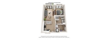 A 3D floor plan of a small apartment with a living room, kitchen, and bedroom.