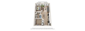 A 3D floor plan of a small apartment with a kitchen, living room, and bedroom.