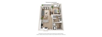 A 3D floor plan of a small apartment with a living room, kitchen, and bedroom.