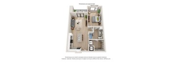 A 3D floor plan of a small apartment with a kitchen, living room, and bathroom.