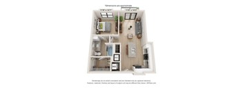 A 3D floor plan of a house with a living room, kitchen, dining room, and two bedrooms.