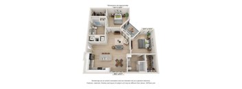 A 3D floor plan of a house with a living room, kitchen, dining room, and two bedrooms.