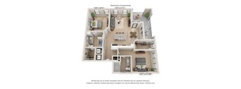A floor plan of a house with a living room, dining room, kitchen, and two bedrooms.