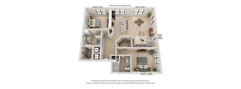 A 3D floor plan of a house with a living room, kitchen, dining room, and two bedrooms.