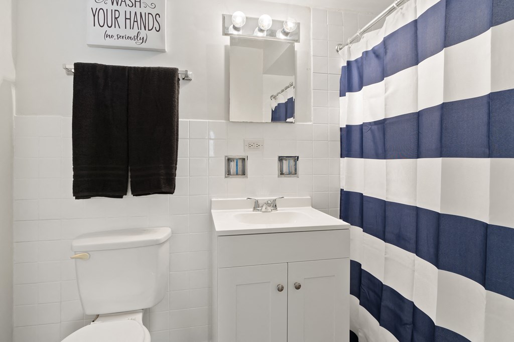 a bathroom with a white toilet and a blue and white shower curtain