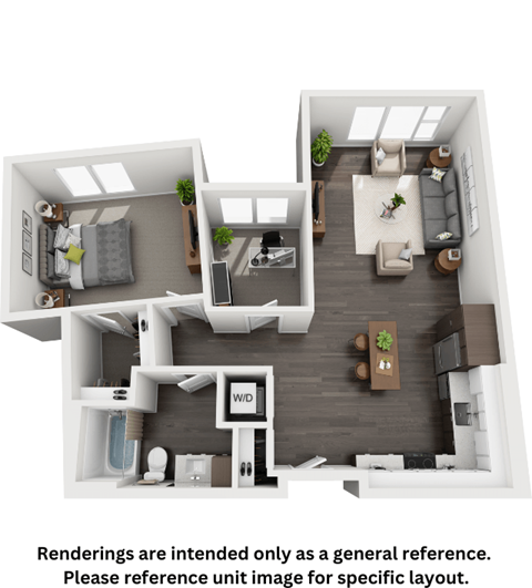 a 1 bedroom floor plan with a bathroom and a kitchen