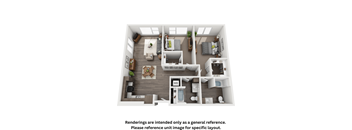 a 3d floor plan of a bedroom with a bathroom and a living room