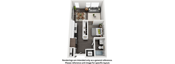 a rendering of a 1 bedroom floor plan with a kitchen and a living room