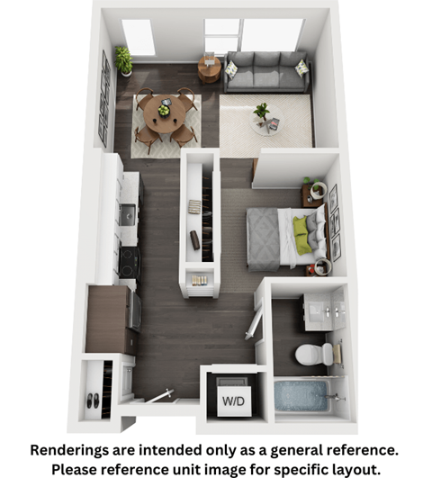 a rendering of a 1 bedroom floor plan with a kitchen and a living room