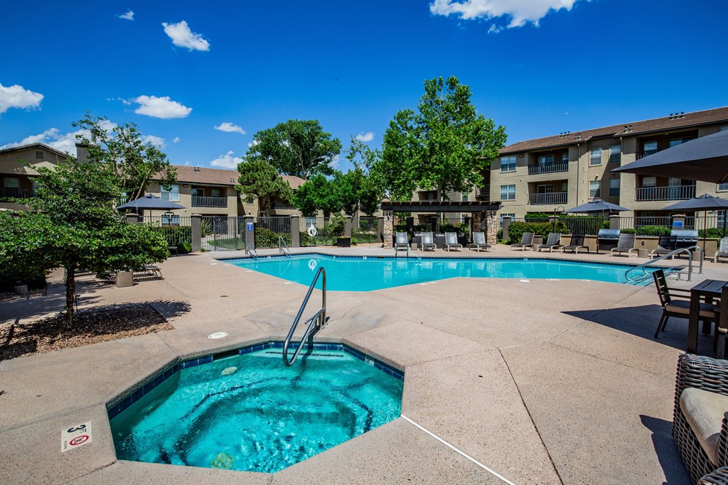 Resort Style Swimming Pool and Spa at River Walk at Puerta de Corrales Apartments in Albuquerque, NM