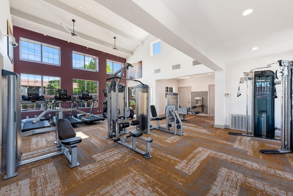 River Walk at Puerta de Corrales Apartments Gym Pulley Weight Machines in Tall Ceiling Gym at ABQ Apartments