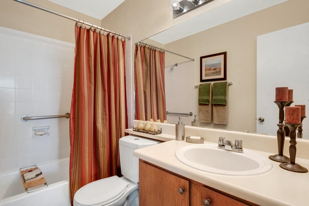 Bathroom with large mirror at New Mexico apartments