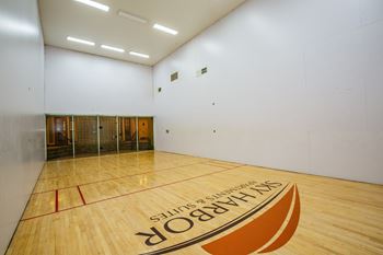 A squash court with the word Squash written on the floor.