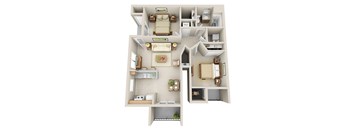 A 3D floor plan of a house with a kitchen, living room, and bathroom.