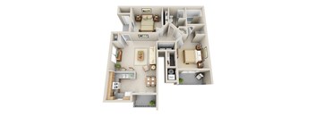 A 3D floor plan of a house with multiple rooms and furniture.