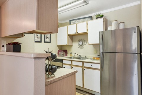 Stainless Steel Refrigerator and Painted Cabinets Talavera Apartment Kitchen