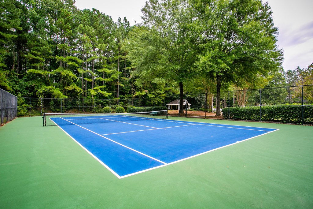a tennis court with blue and green turf and trees