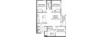 A black and white image of a floor plan for a house with a living room, dining room, kitchen, and three bedrooms.