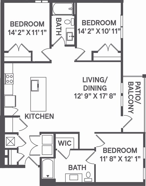 A black and white image of a floor plan for a house with a living room, dining room, kitchen, and three bedrooms.